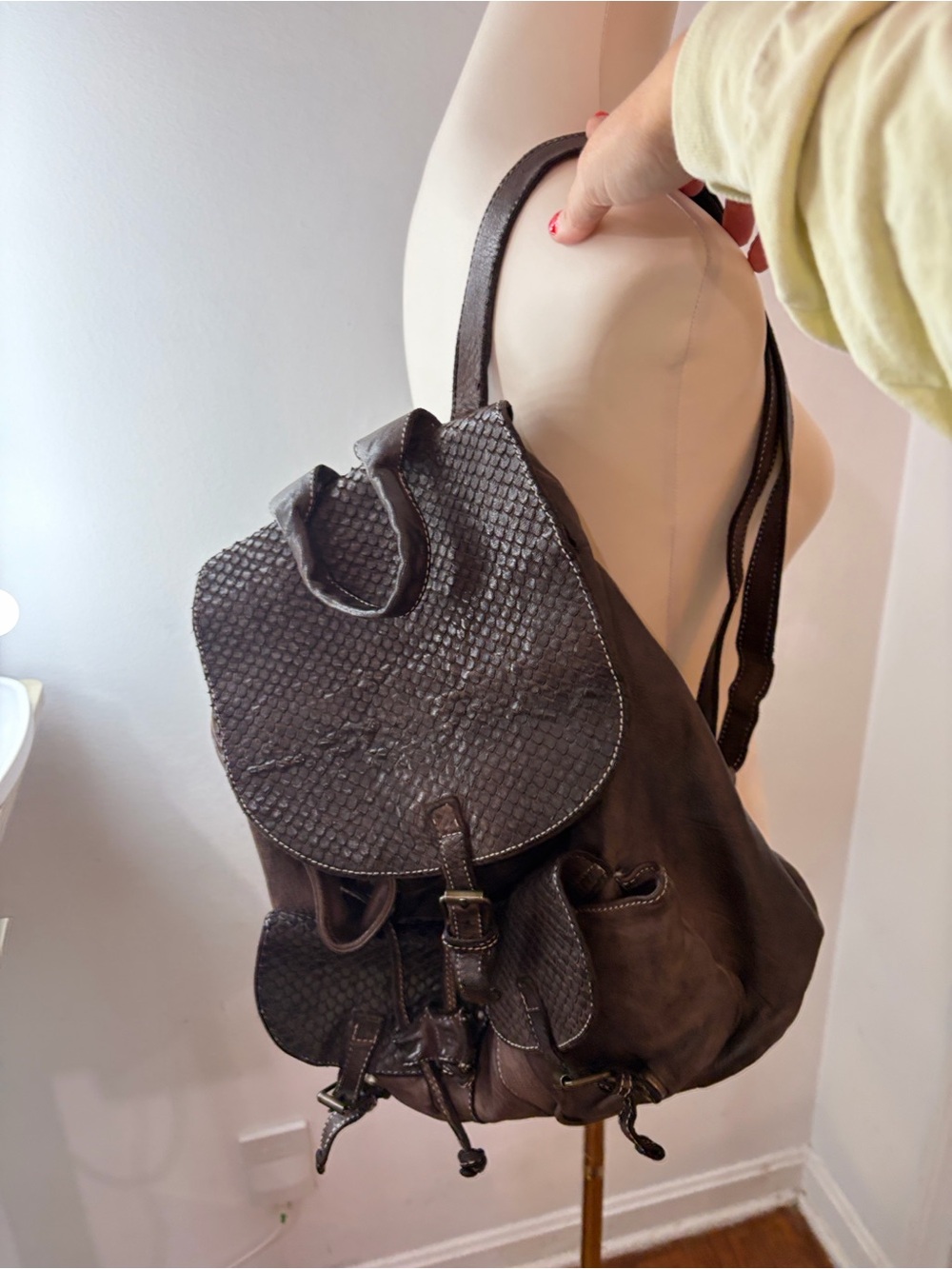 Sundance Back 2 School Woven-Flap Leather Backpack Top handle and closure